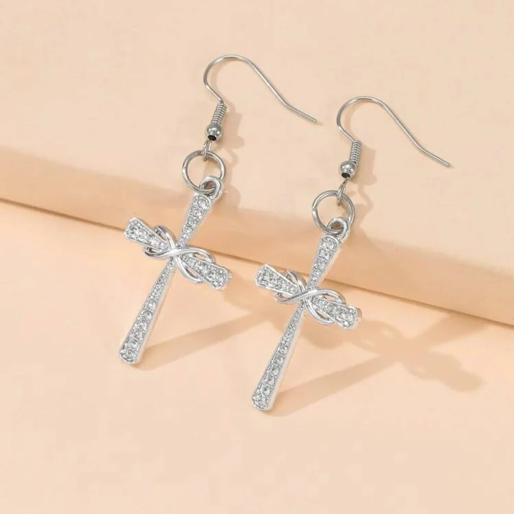 New Woman’s Sterling Silver Infinity Crucifix Cross White Sapphire Earrings